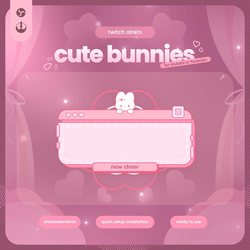 May include: Pink graphic with the text "cute bunnies" and "twitch alrets". A pink interface with a bunny character is in the center. The text "for vtubers or facecam", "new cheer", "streamelements", "quick setup installation", and "ready to use" are also visible.