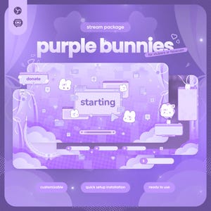 Może przedstawiać: Fioletowy pakiet streamingu z tekstem "purple bunnies" i "starting". Projekt zawiera postacie królików, chmury i elementy interfejsu. Pakiet jest "konfigurowalny", "szybka instalacja" i "gotowy do użycia".