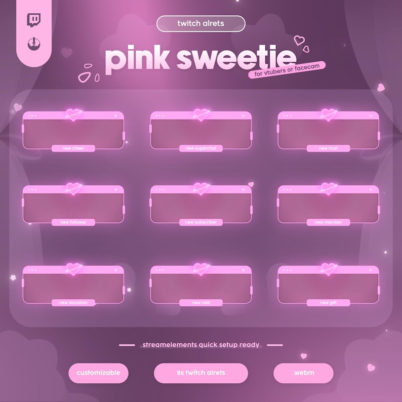 Sweetie Pink Streaming Overlay Pack with adorable pastel pink design, animated hearts, and polished kawaii aesthetic. Created for VTubers, Twitch, and cozy chatting streams, this overlay adds a romantic, soft, and engaging atmosphere to your channel. With animated frames, panels, and borders, it keeps your layout cute while looking professional. Ideal for creators who want their stream to feel charming and inviting. Works smoothly on OBS, Streamlabs, and most streaming platforms.