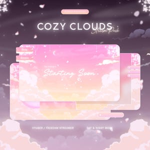 Pacchetto streaming Cozy Clouds, Pacchetto overlay streaming animato rosa, Overlay Twitch carino, Risorse VTuber, Tema cielo sognante