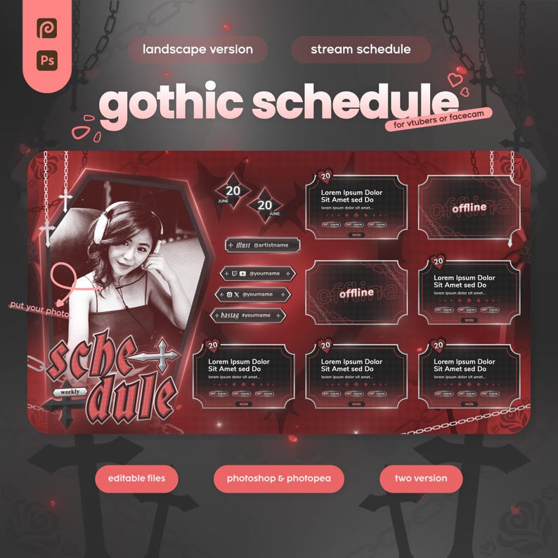 Red Gothic Stream Schedule PSD: Editable Weekly Schedule for Streamers ...