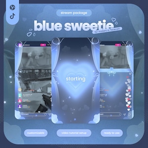 Peut inclure: Un pack de streaming numérique intitulé blue sweetie pour vtubers ou facecam, présentant trois mises en page d'écran verticales dans des tons bleus. L'écran central affiche un cœur lumineux et le texte starting, entouré de rideaux et de cœurs.