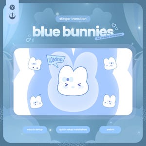 Könnte beinhalten: Hellblaue Grafik mit dem Text "blue bunnies" und "stinger transition". Das Design zeigt Cartoon-Hasengesichter und das Wort "Loading" in einer Sprechblase. Zusätzlicher Text enthält "for vtubers or facecam", "easy to setup", "quick setup installation" und ".webm".