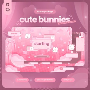 以下が含まれることがあります： 「cute bunnies」と「for vtubers or facecam」の文字が入ったピンク色のストリームパッケージのデザイン。ウサギのイラスト、donateやstartingなどのテキストが入った吹き出し、アイコンが含まれています。デザインの下部には、customizable、quick setup installation、ready to useの文字があります。