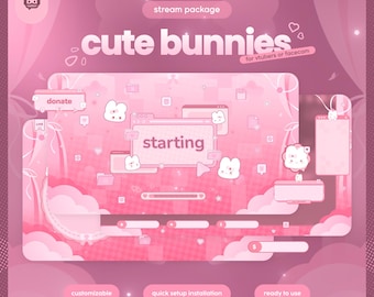 Animiertes Pastell Häschen Komplettes Stream Bundle: Twitch Facecam & VTuber Overlay