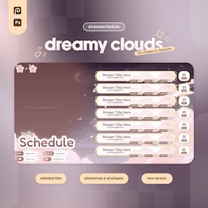 以下が含まれることがあります： Vtuberまたはfacecam用に設計された、夢のような雲をテーマにしたデジタルオーバーレイテンプレート。テンプレートには、ストリームのタイトルと説明のためのスペースと「dreamy clouds」というテキストを含む、毎週のスケジュールレイアウトが含まれています。