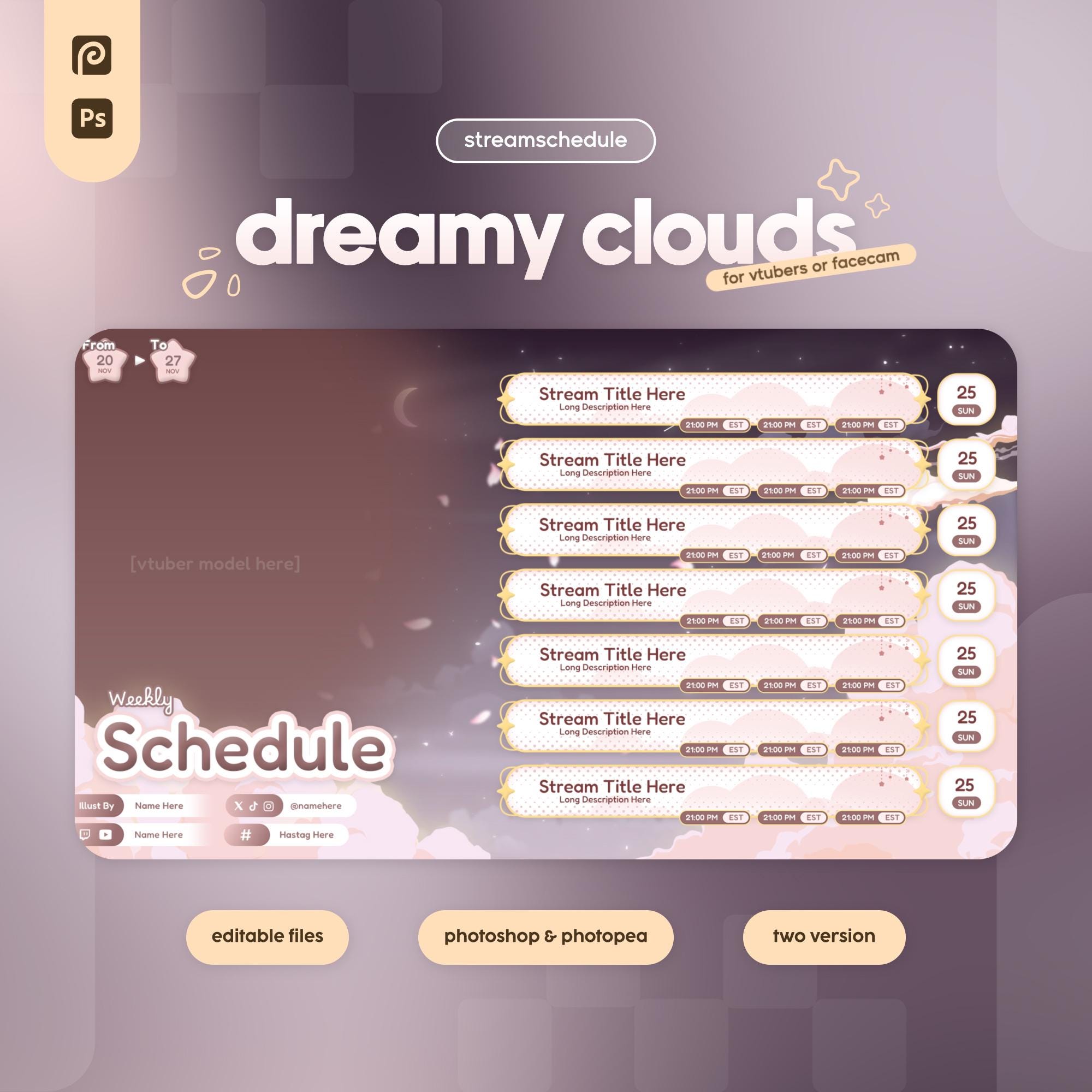 Cozy Clouds Stream Schedule, Pink Editable PSD Schedule, Cute Twitch ...