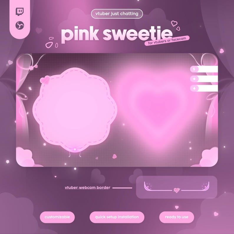 Sweetie Pink Streaming Overlay Pack with adorable pastel pink design, animated hearts, and polished kawaii aesthetic. Created for VTubers, Twitch, and cozy chatting streams, this overlay adds a romantic, soft, and engaging atmosphere to your channel. With animated frames, panels, and borders, it keeps your layout cute while looking professional. Ideal for creators who want their stream to feel charming and inviting. Works smoothly on OBS, Streamlabs, and most streaming platforms.