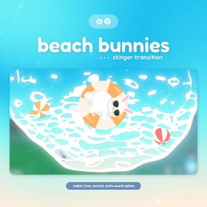 Puede incluir: Ilustración de un conejo blanco con gafas de sol flotando en un salvavidas naranja y blanco en el océano. Las palabras "beach bunnies" están en la parte superior, con una pelota de playa y una sombrilla en el agua.
