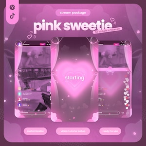 May include: A pink digital stream package titled pink sweetie for vtubers or facecam. The graphic features three vertical panels with heart motifs, glowing borders, and the text starting in the center. Includes buttons for customizable, video tutorial setup, and ready to use.