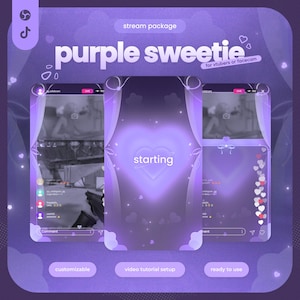 May include: A purple stream package titled purple sweetie for vtubers or facecam, featuring three vertical screen overlays with heart motifs, soft glowing light effects, and text elements including starting, customizable, video tutorial setup, and ready to use.