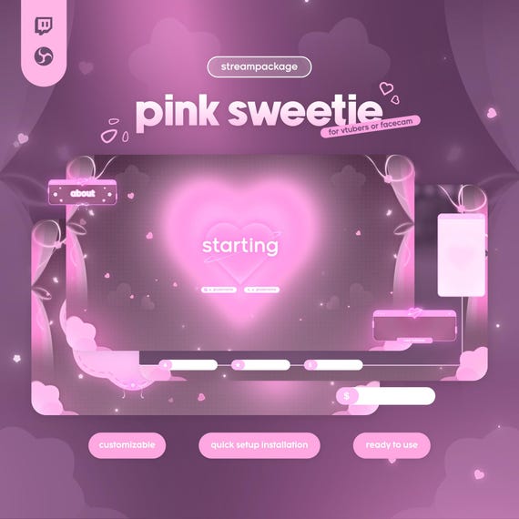 Love Pink Stream Overlay Package, Pink Pastel Twitch Overlays and Alerts, Cute Twitch Overlay Stream Bundle for OBS & Streamlabs