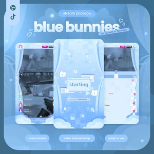May include: A blue-themed digital stream package titled blue bunnies for vtubers or facecam. The set includes three vertical screen layouts featuring bunny icons, cloud motifs, and the text starting. Buttons labeled customizable, video tutorial setup, and ready to use are at the bottom.