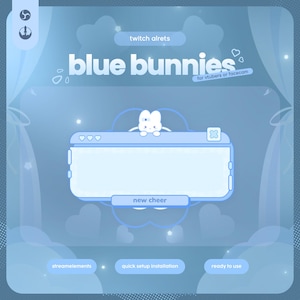 May include: A light blue digital overlay for streaming featuring a white bunny character above a rectangular frame. Text includes "twitch alerts", "blue bunnies", "for vtubers or facecam", "new cheer", "streamelements", "quick setup installation", and "ready to use".