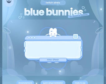 May include: A light blue digital overlay for streaming featuring a white bunny character above a rectangular frame. Text includes "twitch alerts", "blue bunnies", "for vtubers or facecam", "new cheer", "streamelements", "quick setup installation", and "ready to use".