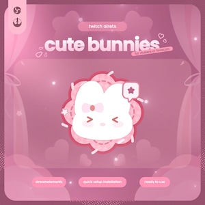 Può includere: Grafica rosa con il testo "twitch alrets" e "cute bunnies for vtubers or facecam". L'immagine presenta un coniglietto bianco con un fiocco rosa e un fumetto a forma di stella. I pulsanti in basso dicono "streamelements", "quick setup installation" e "ready to use".