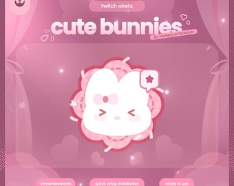 May include: Pink graphic with the text "twitch alrets" and "cute bunnies for vtubers or facecam". The image features a white bunny with a pink bow and a star speech bubble. Buttons at the bottom say "streamelements", "quick setup installation", and "ready to use".