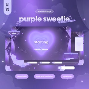 May include: A purple-themed streaming overlay design with the text "purple sweetie" and "for vtubers or facecam." The design includes a heart-shaped element with the word "starting" and customizable options.