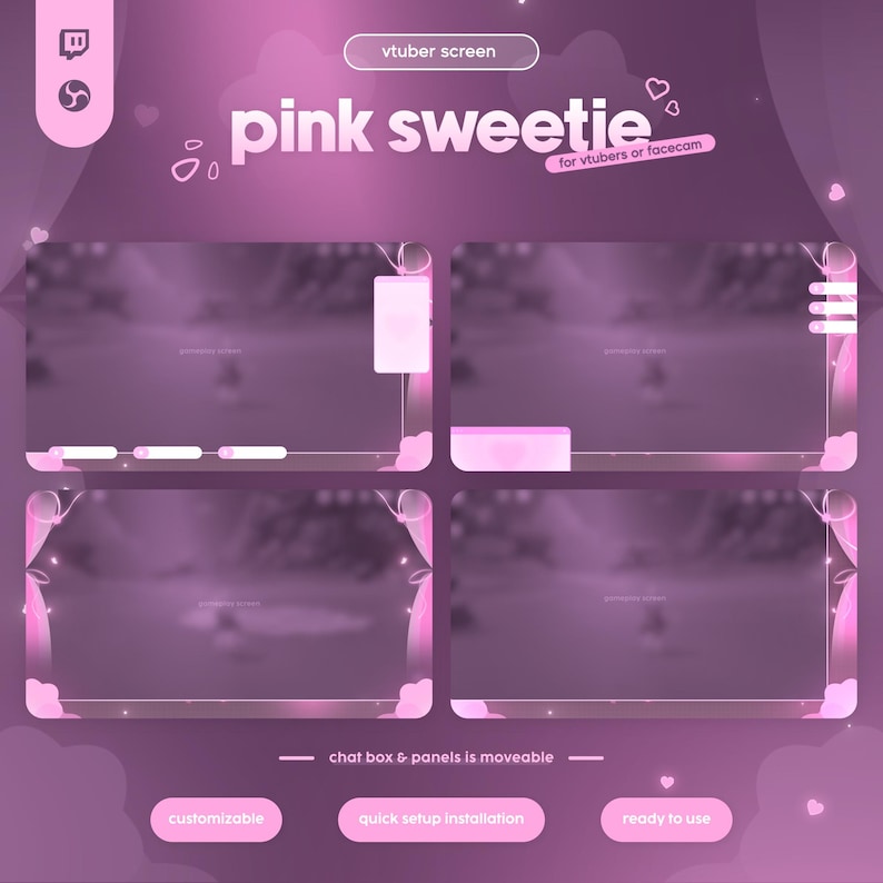 Sweetie Pink Streaming Overlay Pack with adorable pastel pink design, animated hearts, and polished kawaii aesthetic. Created for VTubers, Twitch, and cozy chatting streams, this overlay adds a romantic, soft, and engaging atmosphere to your channel. With animated frames, panels, and borders, it keeps your layout cute while looking professional. Ideal for creators who want their stream to feel charming and inviting. Works smoothly on OBS, Streamlabs, and most streaming platforms.