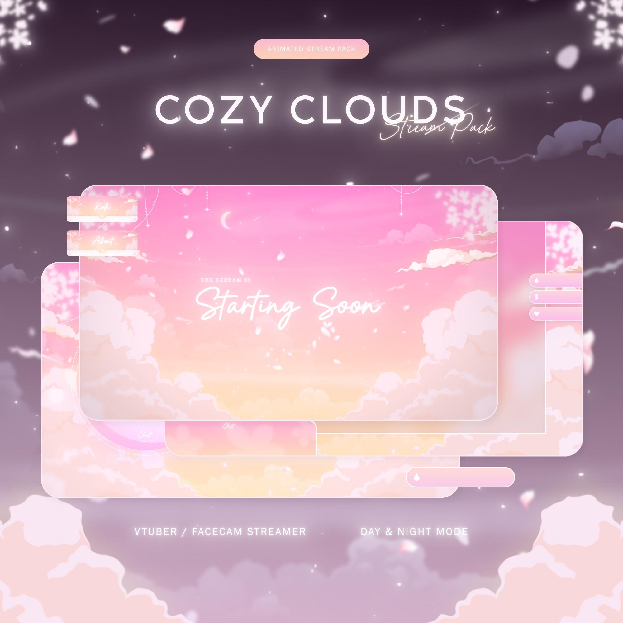 Cozy Clouds Stream Package, Pink Animated Stream Overlay Pack, Cute Twitch Overlay, VTuber Assets, Dreamy Sky Theme
