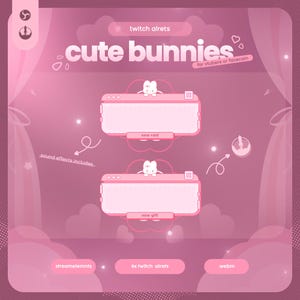 May include: Pink graphic for Twitch streamers featuring the text "cute bunnies" and "twitch alrets." The design includes two pink boxes with bunny characters, labeled "new raid" and "new gift." Additional text includes "for vtubers or facecam."