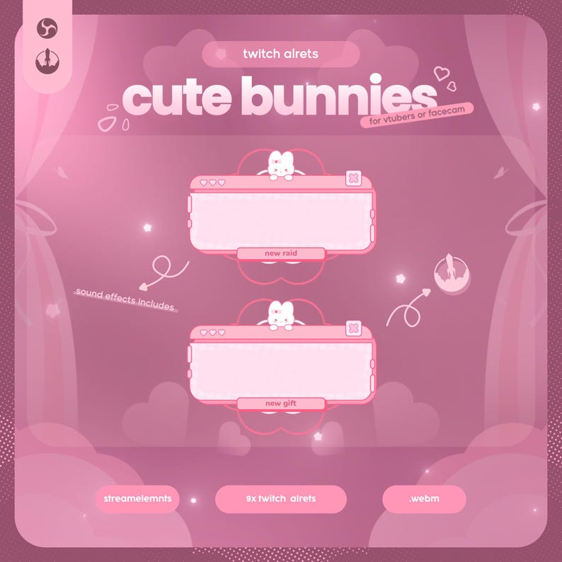 May include: Pink graphic for Twitch streamers featuring the text "cute bunnies" and "twitch alrets." The design includes two pink boxes with bunny characters, labeled "new raid" and "new gift." Additional text includes "for vtubers or facecam."