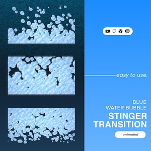 May include: Animated transition effect featuring blue water bubbles rising up and filling the screen. The text "BLUE WATER BUBBLE STINGER TRANSITION" is displayed in white with the word "animated" in a smaller font below.