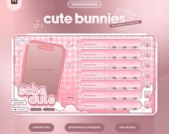 May include: A pink and white digital stream overlay with a cute bunny theme. The overlay includes a phone graphic, a weekly schedule, and text that reads "cute bunnies" and "streamschedule". It is designed for vtubers or facecam use.