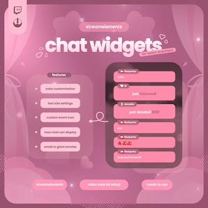 Może przedstawiać: Różowa grafika promująca "chat widgets" dla streamerów Twitch. Funkcje obejmują dostosowywanie kolorów, ustawienia rozmiaru tekstu, niestandardowe ikony wydarzeń i opcje emotikonów. Obraz pokazuje przykładowe wyświetlanie czatu.