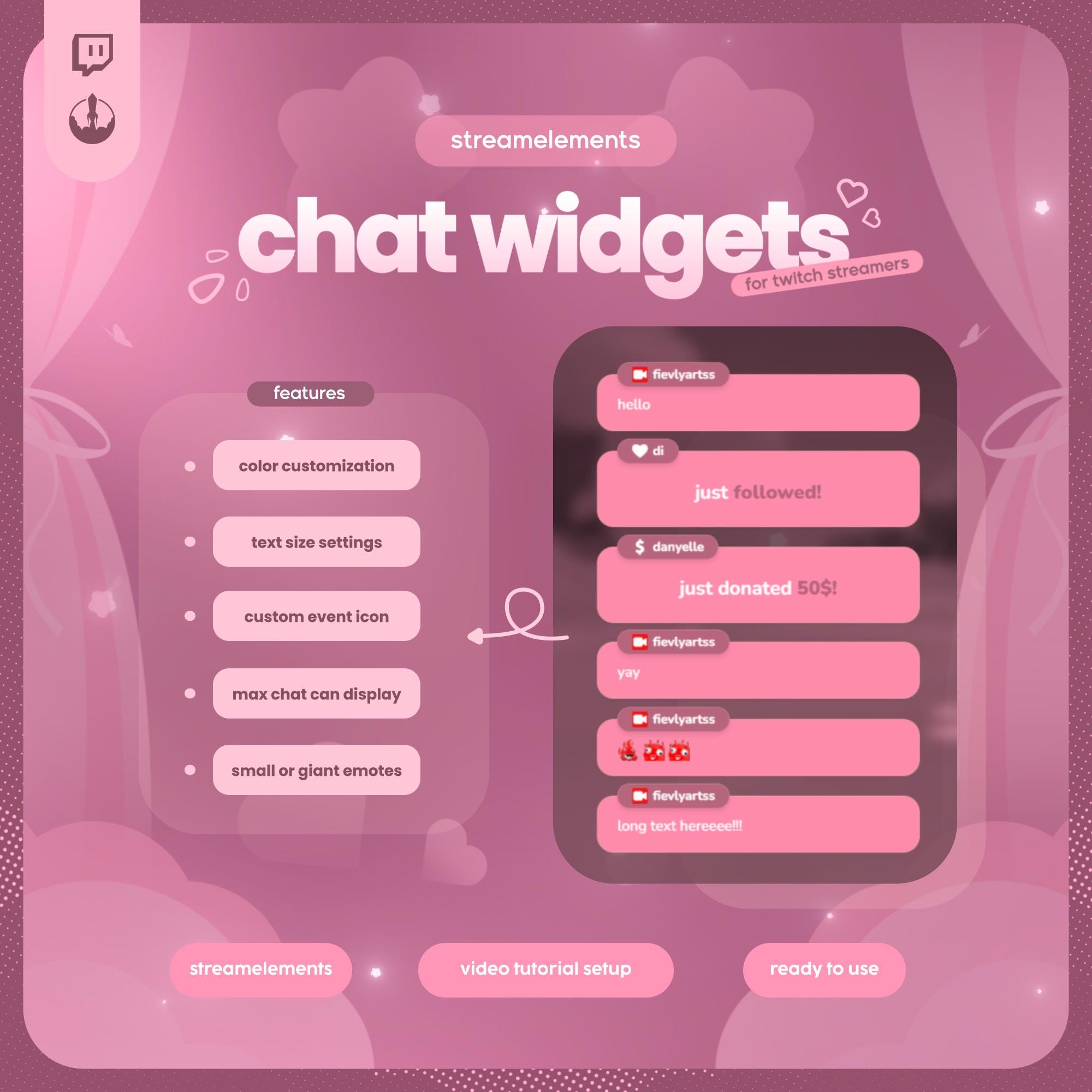 Pink Simple Twitch Chat Widget | Streamelements Overlay, Kawaii Stream ...
