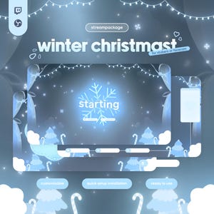 Könnte beinhalten: Ein digitales Overlay-Design mit Winter-Weihnachtsthema. Das Design zeigt eine Schneeflocke, den Text "winter christmast" und "starting" sowie dekorative Elemente wie Zuckerstangen und Weihnachtsbäume. Das Design ist für Vtubers oder Facecam.