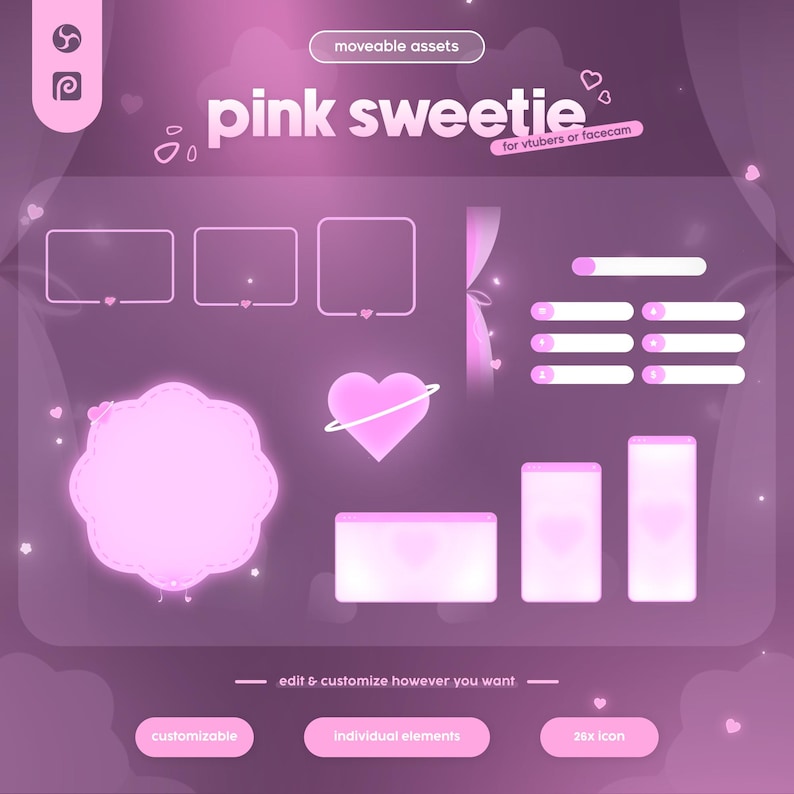 Sweetie Pink Streaming Overlay Pack with adorable pastel pink design, animated hearts, and polished kawaii aesthetic. Created for VTubers, Twitch, and cozy chatting streams, this overlay adds a romantic, soft, and engaging atmosphere to your channel. With animated frames, panels, and borders, it keeps your layout cute while looking professional. Ideal for creators who want their stream to feel charming and inviting. Works smoothly on OBS, Streamlabs, and most streaming platforms.