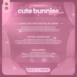 May include: Pink digital download graphic with the text "cute bunnies" and "for vtubers or facecam." The image includes text that says "Thank you for visiting my shop!" and "Digital Download." The disclaimer states the file is for personal use only.