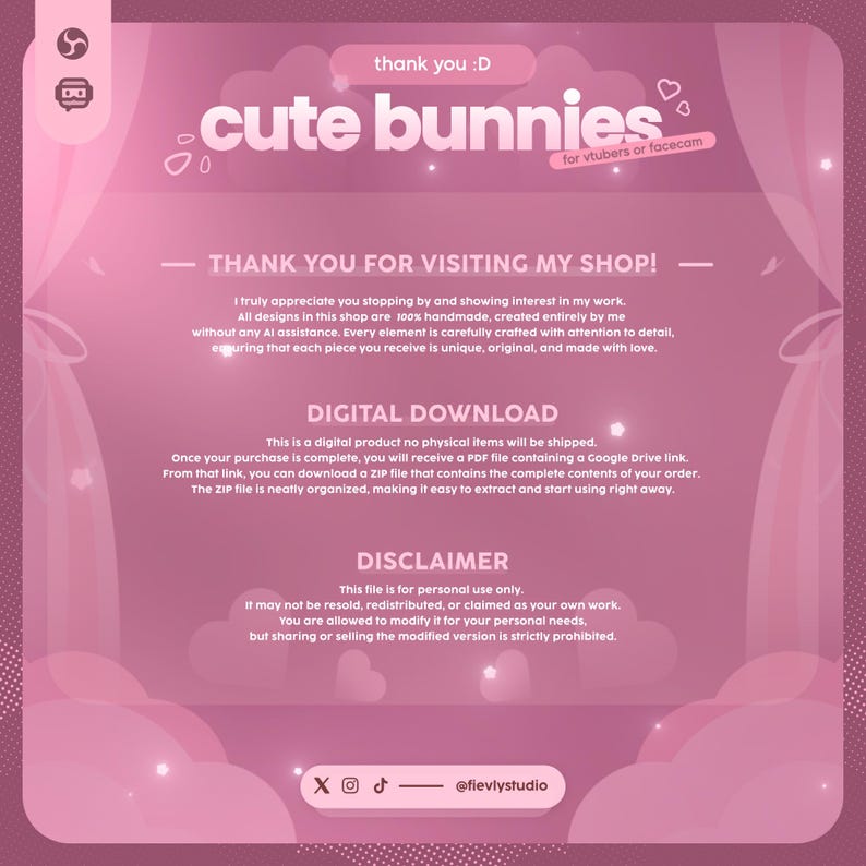 May include: Pink digital download graphic with the text "cute bunnies" and "for vtubers or facecam." The image includes text that says "Thank you for visiting my shop!" and "Digital Download." The disclaimer states the file is for personal use only.