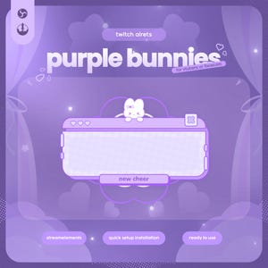 May include: A purple digital overlay for streaming featuring the text purple bunnies for vtubers or facecam, twitch alerts, new cheer, streamelements, quick setup installation, and ready to use, with a central window and a small bunny graphic.