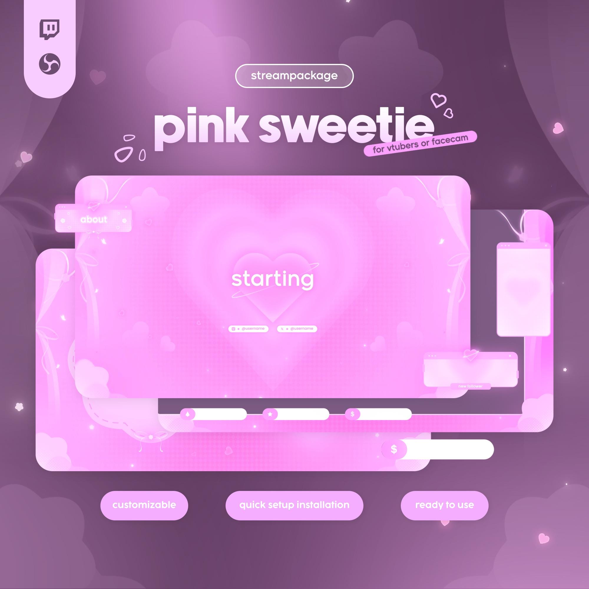 Sweet Pink Twitch Overlay Pack, Pink Animated Stream Package, Gaming ...