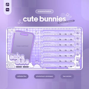 Może przedstawiać: Jasnofioletowa grafika cyfrowa z tekstem "cute bunnies" i "streamschedule". Projekt zawiera grafikę telefonu, tygodniowy harmonogram i miejsca na tytuły strumieni. Przeznaczony dla vtubers lub facecam.