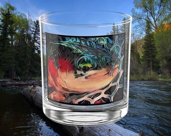 Rainbow Trout Bar Glass | Fly Fishing Rocks Glass, 10oz