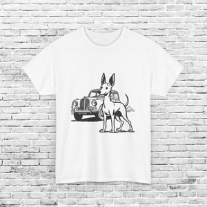 Whippet Cartoon with Vintage Car T-Shirt, Comic Style Dog and Classic Car Tee, Sighthound Lover Apparel, Unique Pet Gift, Unisex Tshirt,