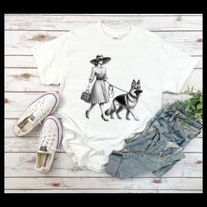 German Shepherd and Lady T-Shirt, Vintage Dog Art Tee, Elegant Unisex Shirt, Gift, Dog Owner, Dog Lover Present
