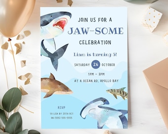 Shark 5th Birthday Invitation | Boys Shark Themed Party Invite | Ocean Invitation | Printable Invite | Editable Canva Template | Jawsome