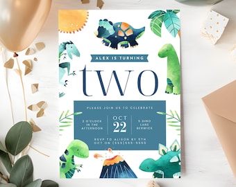 2o aniversário convida Dino | Modelo de convite de aniversário de dinossauro | Modelo editável | O aniversário de dois Rex convida de <br> Entrega Rápida? Segunda Festa de Aniversário do Dino