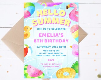 Hola invitación de cumpleaños de verano / Plantilla Canva editable / Hola invitación digital de verano / Descarga instantánea / Fiesta en la piscina de verano / Fiesta de natación