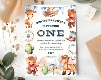 Convite do aniversário do vaqueiro primeiro | O primeiro aniversário dos meninos convida | Festa de aniversário com tema ocidental | Download instantâneo | Primeiro Rodeio | Oeste selvagem