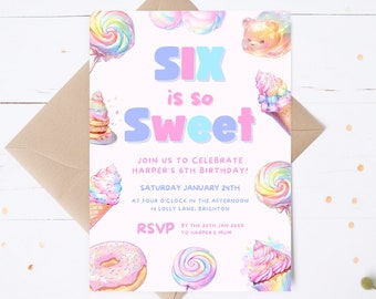 Six is so Sweet Invitation | Digital Printable| Pastel Cotton Candy Sweets Donut Ice Cream Cupcake | Girls 6th Birthday Invite Pink