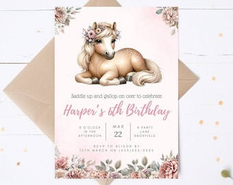 May include: A pink and white birthday invitation with a cartoon illustration of a brown horse wearing a flower crown. The text reads "Saddle up and gallop on over to celebrate Harper's 6th Birthday". The invitation includes the date, time, and location of the party.