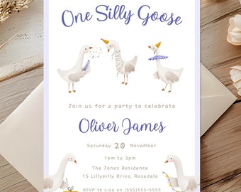 One Silly Goose Birthday Invite | Boy 1st Birthday Invitation | Editable Canva Template | Instant Download | Little Goose Party Invite
