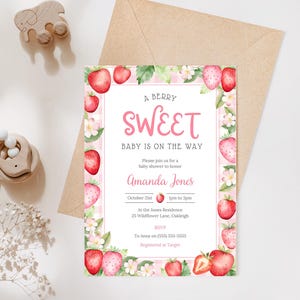 Berry Sweet Baby Shower invitation | Strawberry Baby Shower Invite | Girl Baby Shower Invite Instant Download | Editable Template, Printable