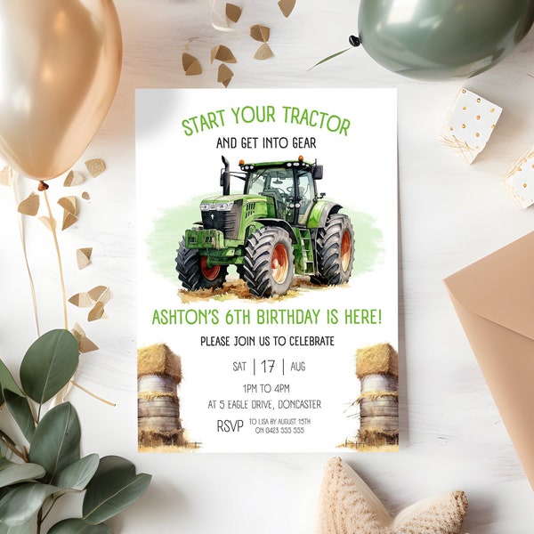 Tractor Birthday Evite | Green Tractor Birthday Invitation | Farm Tractor Invite | Boys any age birthday | Instant Download | Farm Vehicles