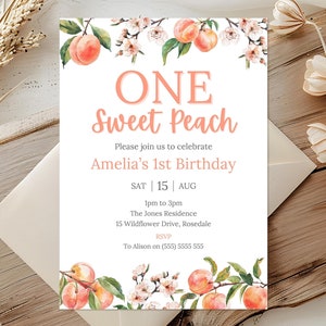 One Sweet Peach Birthday Invitation | Peach 1st Birthday Invite | Editable Digital Invite | Girls 1st Birthday | Instant Download